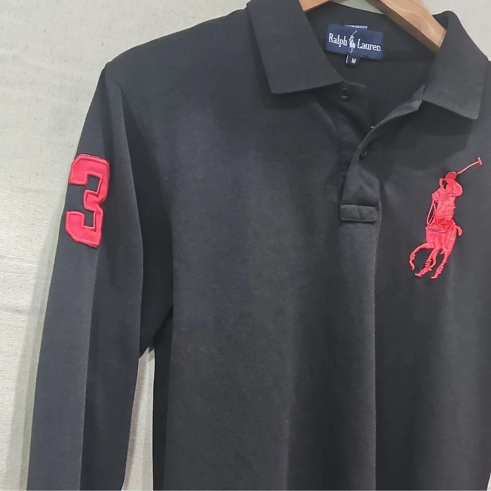 Ralph Lauren Big Pony Black Men's Polo Shirt M Solid Long Sleeve Button Collar
